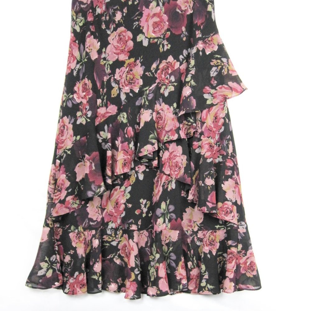 Chaps Women's Black Pink Floral Chiffon Skirt Sz S